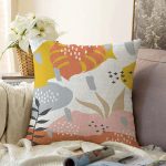 Beyaz Zemin Üzerinde Pastel Renkli Yaprak Desenli Modern Raşel Kadife Yastık Kırlent Kılıfı Realhomes