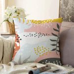 - Sonil-K-8029-Gorsel1 - Realhomes  Beyaz Zemin Üzerinde Pastel Renkli Yaprak Desenli Modern Raşel Kadife Yastık Kırlent Kılıfı Realhomes