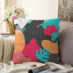 - Sonil-K-8061-Gorsel1 - Realhomes Renkli Zemin Üzerinde Geometrik Yaprak Desenli Modern Raşel Kadife Yastık Kırlent Kılıfı Realhomes