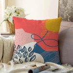 - Sonil-K-8091-Gorsel1 - Realhomes  Renkli Zemin Üzerinde Yaprak Motifli Dijital Baskılı Modern Raşel Kadife Yastık Kırlent Kılıfı Realhomes