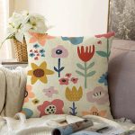 - Sonil-K-8122-Gorsel1 - Realhomes  Pastel Zemin Üzerinde Çiçek Desenli Dijital Baskılı Modern Raşel Kadife Yastık Kırlent Kılıfı Realhomes
