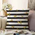 - Sonil-K-8211-Gorsel1 - Realhomes  Beyaz Zemin Üzerinde Siyah Çizgili Gold Detay Yapraklı Raşel Kadife Yastık Kırlent Kılıfı Realhomes