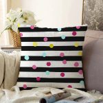 - Sonil-K-8232-Gorsel1 - Realhomes Beyaz Zemin Üzerinde Yatay Çizgili Renkli Puantiyeli Raşel Kadife Yastık Kırlent Kılıfı Realhomes