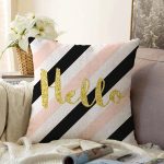 Beyaz Zemin Üzerinde Renkli Yatay Çizgili Gold Detaylı Hello Yazılı Raşel Kadife Yastık Kılıfı Realhomes