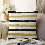 Beyaz Zemin Üzerinde Gold Detaylı Siyah Yatay Çizgili Raşel Kadife Yastık Kırlent Kılıfı Realhomes