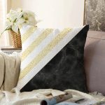 - Sonil-K-8291-Gorsel1 - Realhomes  Beyaz Zemin Üzerinde Siyah Mermer Detaylı Gold Yatay Çizgili Raşel Kadife Yastık Kırlent Kılıfı Realhomes