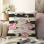 - Sonil-K-8299-Gorsel1 - Realhomes  Beyaz Zemin Üzerinde Siyah Yatay Çizgili Çiçek Desenli Raşel Kadife Yastık Kırlent Kılıfı Realhomes