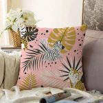 - Sonil-K-8308-Gorsel1 - Realhomes  Pastel Zemin Üzerinde Gold Detaylı Yaprak Desenli Modern Raşel Kadife Yastık Kırlent Kılıfı Realhomes