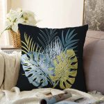 - Sonil-K-8323-Gorsel1 - Realhomes  Siyah Zemin Üzerinde Yaprak Desenli Dijital Baskılı Modern Raşel Kadife Yastık Kırlent Kılıfı Realhomes