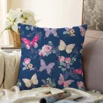 - Sonil-K-8341-Gorsel1 - Realhomes  Renkli Zemin Üzerinde Kelebek Desenli Dijital Baskılı Modern Raşel Kadife Yastık Kırlent Kılıfı Realhomes