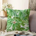 Beyaz Zemin Üzerinde Yeşil Yaprak Desenli Raşel Kadife Yastık Kırlent Kılıfı Realhomes