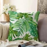 - Sonil-K-8353-Gorsel1 - Realhomes  Beyaz Zemin Üzerinde Yeşil Yaprak Desenli Raşel Kadife Yastık Kırlent Kılıfı Realhomes