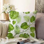 - Sonil-K-8355-Gorsel1 - Realhomes  Beyaz Zemin Üzerinde Yeşil Yaprak Desenli Raşel Kadife Yastık Kırlent Kılıfı Realhomes