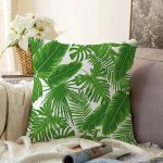 - Sonil-K-8358-Gorsel1 - Realhomes  Beyaz Zemin Üzerinde Yeşil Yaprak Desenli Raşel Kadife Yastık Kırlent Kılıfı Realhomes