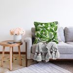 Beyaz Zeminli Yeşi Yaprak Desenli Dijital Baskılı Modern Raşel Kadife Yastık Kırlent Kılıfı Realhomes