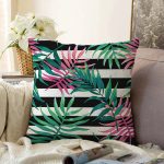 - Sonil-K-8379-Gorsel1 - Realhomes Beyaz Zemin Üzerinde Siyah Beyaz Çizgili Yeşil Yaprak Desenli Raşel Kadife Yastık Kılıfı Realhomes