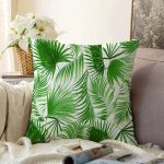 - Sonil-K-8386-Gorsel1 - Realhomes Beyaz Zemin Üzerinde Yeşil Yaprak Desenli Raşel Kadife Yastık Kırlent Kılıfı Realhomes