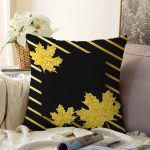 - Sonil-K-8388-Gorsel1 - Realhomes Siyah Zemin Üzerinde Gold Detaylı Sonbahar Yaprak Desenli Raşel Kadife Yastık Kırlent Kılıfı Realhomes
