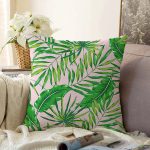 - Sonil-K-8416-Gorsel1 - Realhomes  Renkli Zemin Üzerinde Yaprak Desenli Dijital Baskılı Modern Raşel Kadife Yastık Kırlent Kılıfı Realhomes