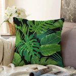 - Sonil-K-8428-Gorsel1 - Realhomes  Siyah Zemin Üzerinde Yeşil Yaprak Desenli Raşel Kadife Yastık Kırlent Kılıfı Realhomes