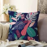 - Sonil-K-8433-Gorsel1 - Realhomes  Renkli Zeminli Soyut Yaprak Desenli Dijital Baskılı Modern Raşel Kadife Yastık Kırlent Kılıfı Realhomes