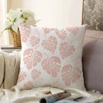 - Sonil-K-8448-Gorsel1 - Realhomes  Pastel Zeminli Beyaz Yaprak Desenli Dijital Baskılı Modern Raşel Kadife Yastık Kırlent Kılıfı Realhomes