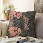 - Sonil-K-8449-Gorsel1 - Realhomes  Siyah Zemin Üzerinde Pastel Renkli Yaprak Desenli Modern Raşel Kadife Yastık Kırlent Kılıfı Realhomes