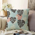 - Sonil-K-8452-Gorsel1 - Realhomes  Renkli Zeminli Siyah Yaprak Desneli Dijital Baskılı Modern Raşel Kadife Yastık Kırlent Kılıfı Realhomes