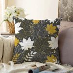 - Sonil-K-8453-Gorsel1 - Realhomes  Siyah Zemin Üzerinde Gold Detaylı Yaprak Desenli Modern Raşel Kadife Yastık Kırlent Kılıfı Realhomes