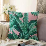 - Sonil-K-8472-Gorsel1 - Realhomes  Pastel Zeminli Yeşil Yaprak Desenli Dijital Baskılı Modern Raşel Kadife Yastık Kırlent Kılıfı Realhomes