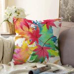 Beyaz Zeminli Renkli Yaprak Desenli Dijital Baskılı Modern Raşel Kadife Yastık Kırlent Kılıfı Realhomes