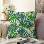 - Sonil-K-8474-Gorsel1 - Realhomes  Beyaz Zemin Üzerinde Yeşil Yaprak Desenli Raşel Kadife Yastık Kırlent Kılıfı Realhomes