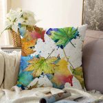 Beyaz Zeminli Sonbahar Yaprak Desenli Dijital Baskılı Modern Raşel Kadife Yastık Kırlent Kılıfı Realhomes