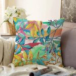 - Sonil-K-8492-Gorsel1 - Realhomes  Beyaz Zeminli Renkli Yaprak Desenli Dijital Baskılı Modern Raşel Kadife Yastık Kırlent Kılıfı Realhomes