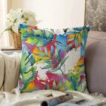 - Sonil-K-8498-Gorsel1 - Realhomes Beyaz Zemin Üzerinde Yaprak Desenli Dijital Baskılı Modern Raşel Kadife Yastık Kırlent Kılıfı Realhomes