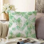 - Sonil-K-8518-Gorsel1 - Realhomes Beyaz Zemin Üzerinde Yeşil Yaprak Desenli Raşel Kadife Yastık Kırlent Kılıfı Realhomes