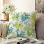 Beyaz Zemin Üzerinde Yeşil Renkli Yaprak Desenli Modern Raşel Kadife Yastık Kırlent Kılıfı Realhomes