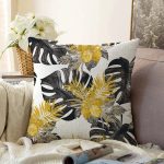 - Sonil-K-8553-Gorsel1 - Realhomes Beyaz Zemin Üzerinde Gold Detaylı Siyah Yaprak Desenli Raşel Kadife Yastık Kırlent Kılıfı Realhomes