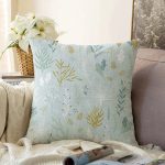 - Sonil-K-8556-Gorsel1 - Realhomes  Renkli Zemin Üzerinde Yaprak Desenli Dijital Baskılı Modern Raşel Kadife Yastık Kırlent Kılıfı Realhomes