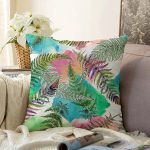 - Sonil-K-8560-Gorsel1 - Realhomes  Beyaz Zemin Üzerinde Renkli Soyut Çizimli Yaprak Desenli Raşel Kadife Yastık Kırlent Kılıfı Realhomes