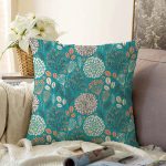 - Sonil-K-8562-Gorsel1 - Realhomes  Renkli Zemin Üzerinde Yaprak Desenli Dijital Baskılı Modern Raşel Kadife Yastık Kırlent Kılıfı Realhomes