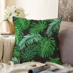 - Sonil-K-8565-Gorsel1 - Realhomes  Siyah Zemin Üzerinde Yeşil Yaprak Desenli Raşel Kadife Yastık Kırlent Kılıfı Realhomes