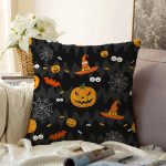 Siyah Zeminli Bal Kabağı Desenli Dijital Baskılı Modern Raşel Kadife Yastık Kırlent Kılıfı Realhomes