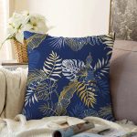- Sonil-K-8573-Gorsel1 - Realhomes  Mavi Zemin Üzerinde Gold Detaylı Yaprak Desenli Modern Raşel Kadife Yastık Kırlent Kılıfı Realhomes