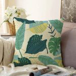 - Sonil-K-8587-Gorsel1 - Realhomes Pastel Zeminli Yeşil Yaprak Desenli Dijital Baskılı Modern Raşel Kadife Yastık Kırlent Kılıfı Realhomes