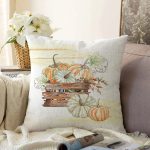 - Sonil-K-8603-Gorsel1 - Realhomes Beyaz Zeminli Balkabağı Desenli Dijital Baskılı Modern Raşel Kadife Yastık Kırlent Kılıfı Realhomes