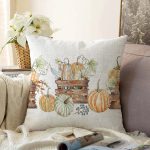 Beyaz Zeminli Balkabağı Desenli Dijital Baskılı Modern Raşel Kadife Yastık Kırlent Kılıfı Realhomes