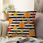 - Sonil-K-8617-Gorsel1 - Realhomes  Beyaz Zemin Üzerinde Siyah Çizgili Bal Kabağı Desenli Raşel Kadife Yastık Kırlent Kılıfı Realhomes