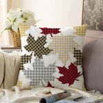 Beyaz Zeminli Ekoseli Yaprak Desenli Dijital Baskılı Modern Raşel Kadife Yastık Kırlent Kılıfı Realhomes