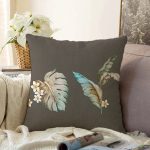 - Sonil-K-8628-Gorsel1 - Realhomes Renkli Zemin Üzerinde Yaprak Desenli Dijital Baskılı Modern Raşel Kadife Yastık Kırlent Kılıfı Realhomes